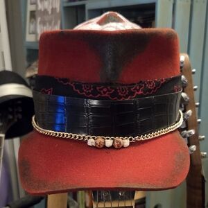 Red Felt Fedora Hat with Black Band and Gold Chain Accent